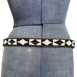 Black White Diamond Check Brown Leather Belt